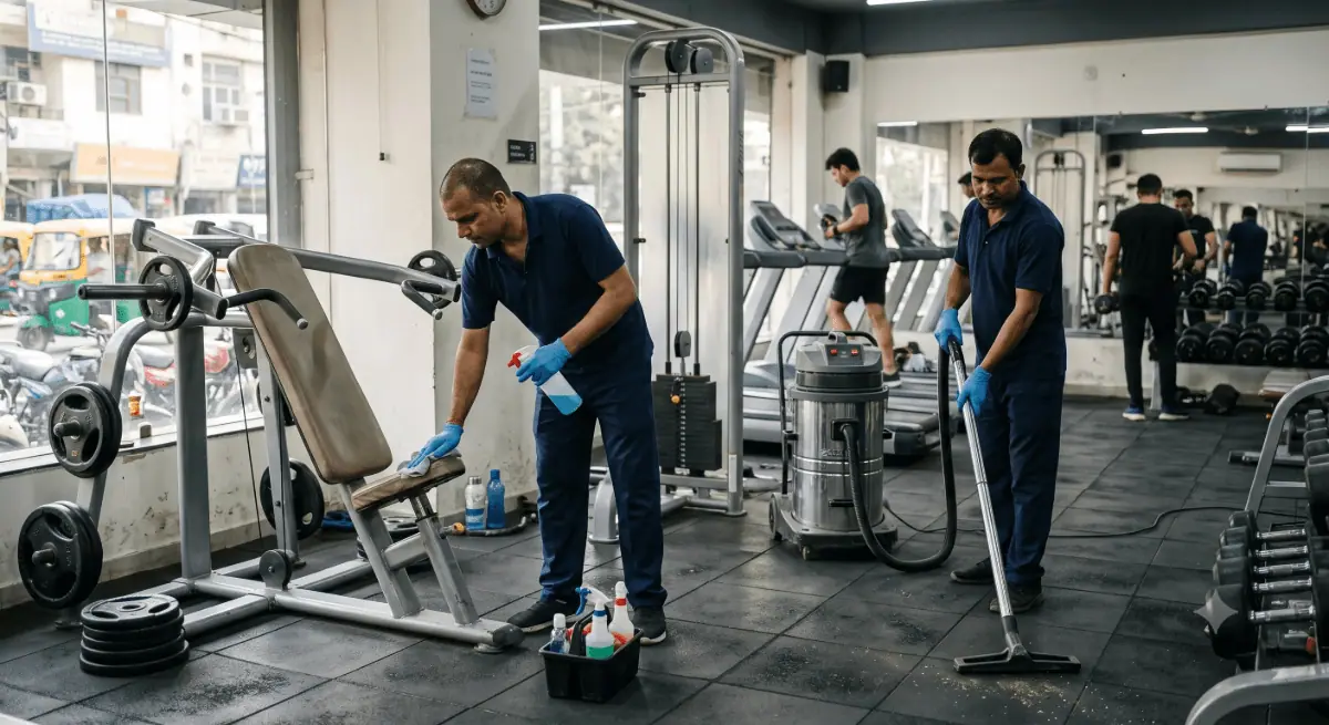 DryClean Masters technicians sanitising gym equipment and vacuuming rubber flooring in Delhi