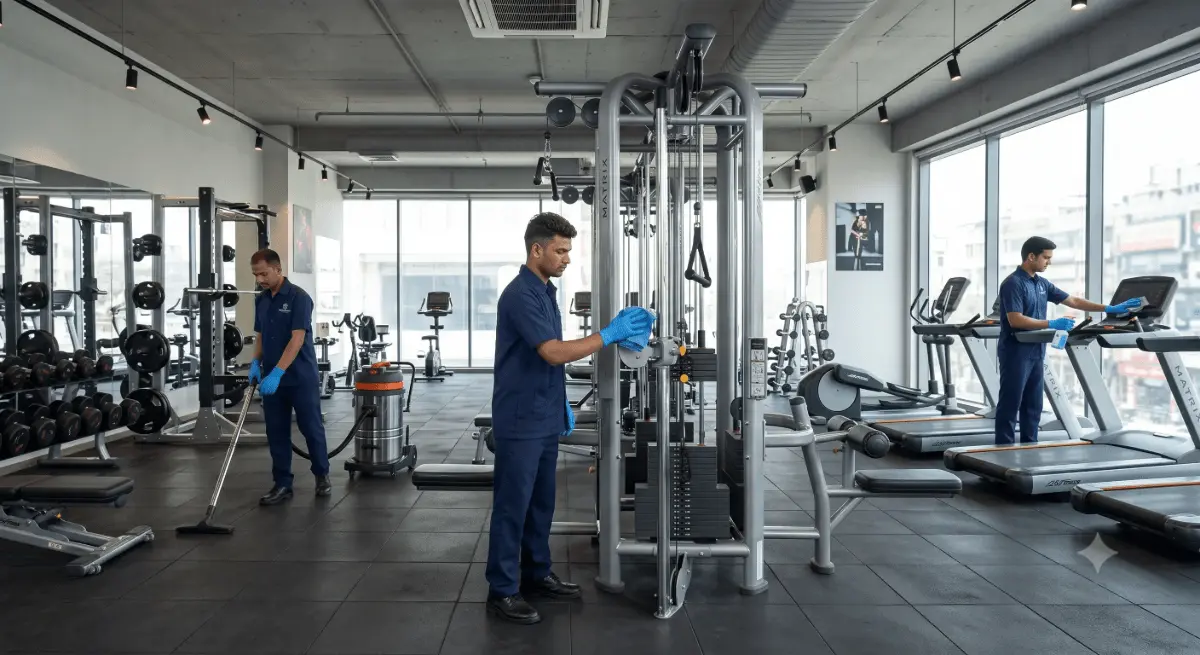 DryClean Masters team sanitising cable machines and treadmills at a Delhi gym