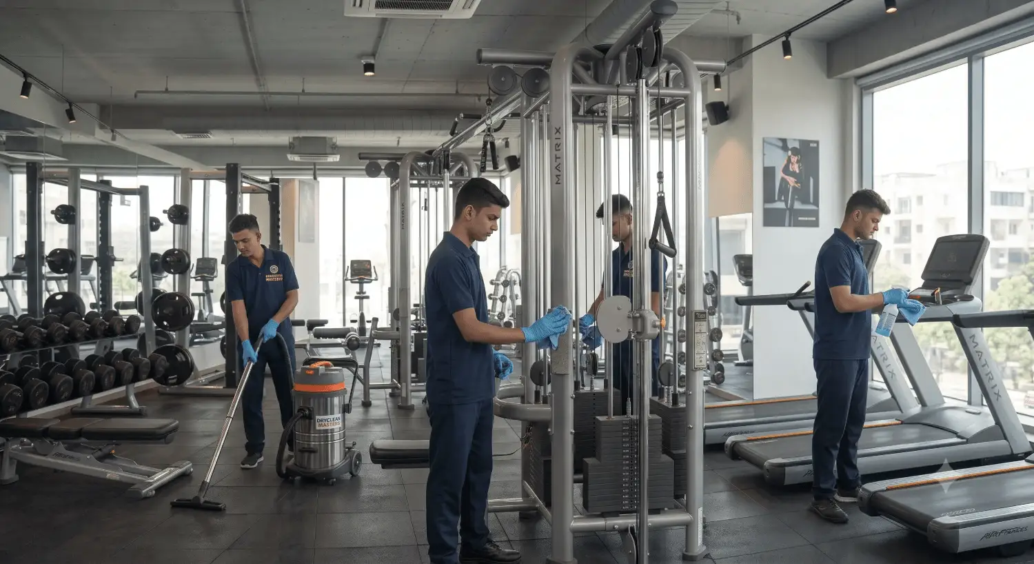 DryClean Masters team deep cleaning gym equipment and rubber flooring in Delhi