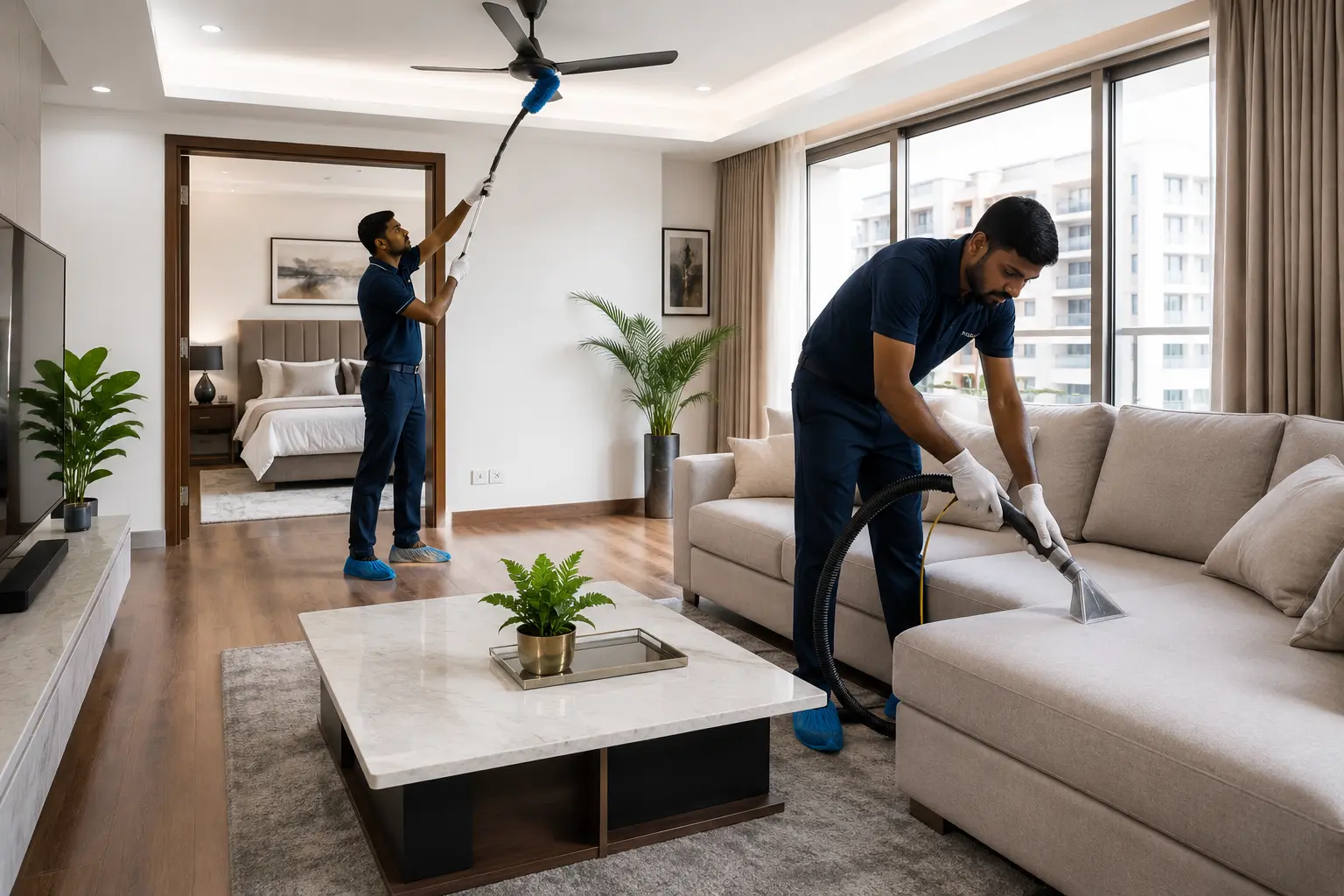 DryClean Masters team completing a home deep cleaning in a Delhi NCR living room