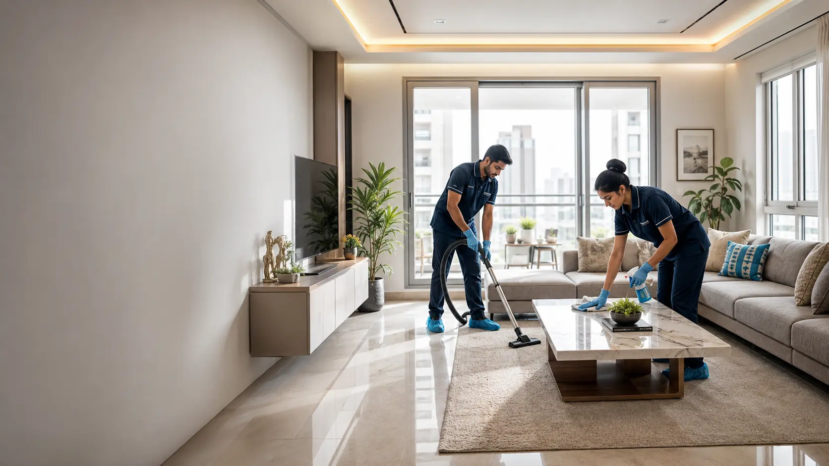 DryClean Masters technicians performing a home deep cleaning in a Delhi NCR apartment